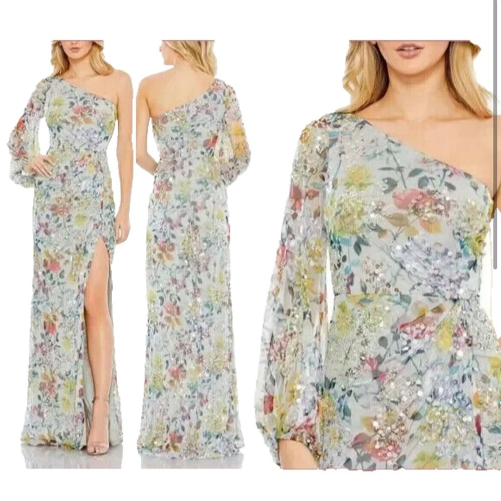 New with tags Mac Duggal 93747 Sequined Floral One
Sleeve Faux Wrap Gown size 6